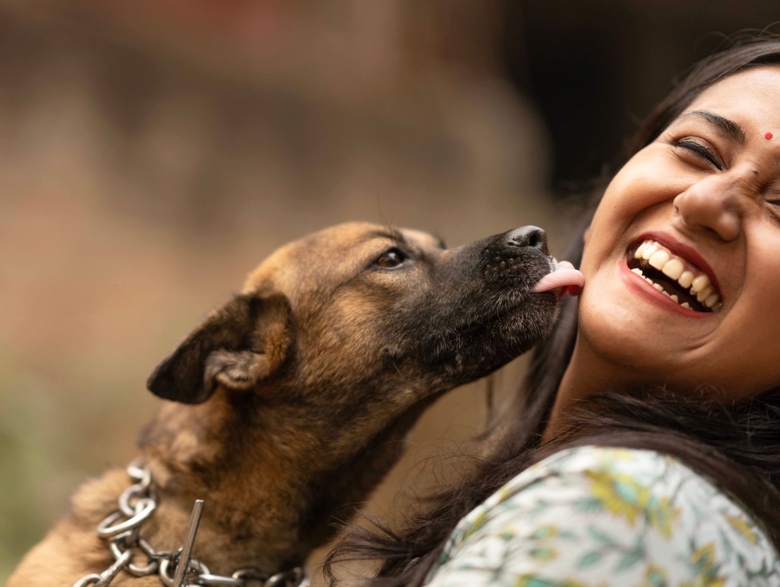 A dog licking a laughing woman on the cheek